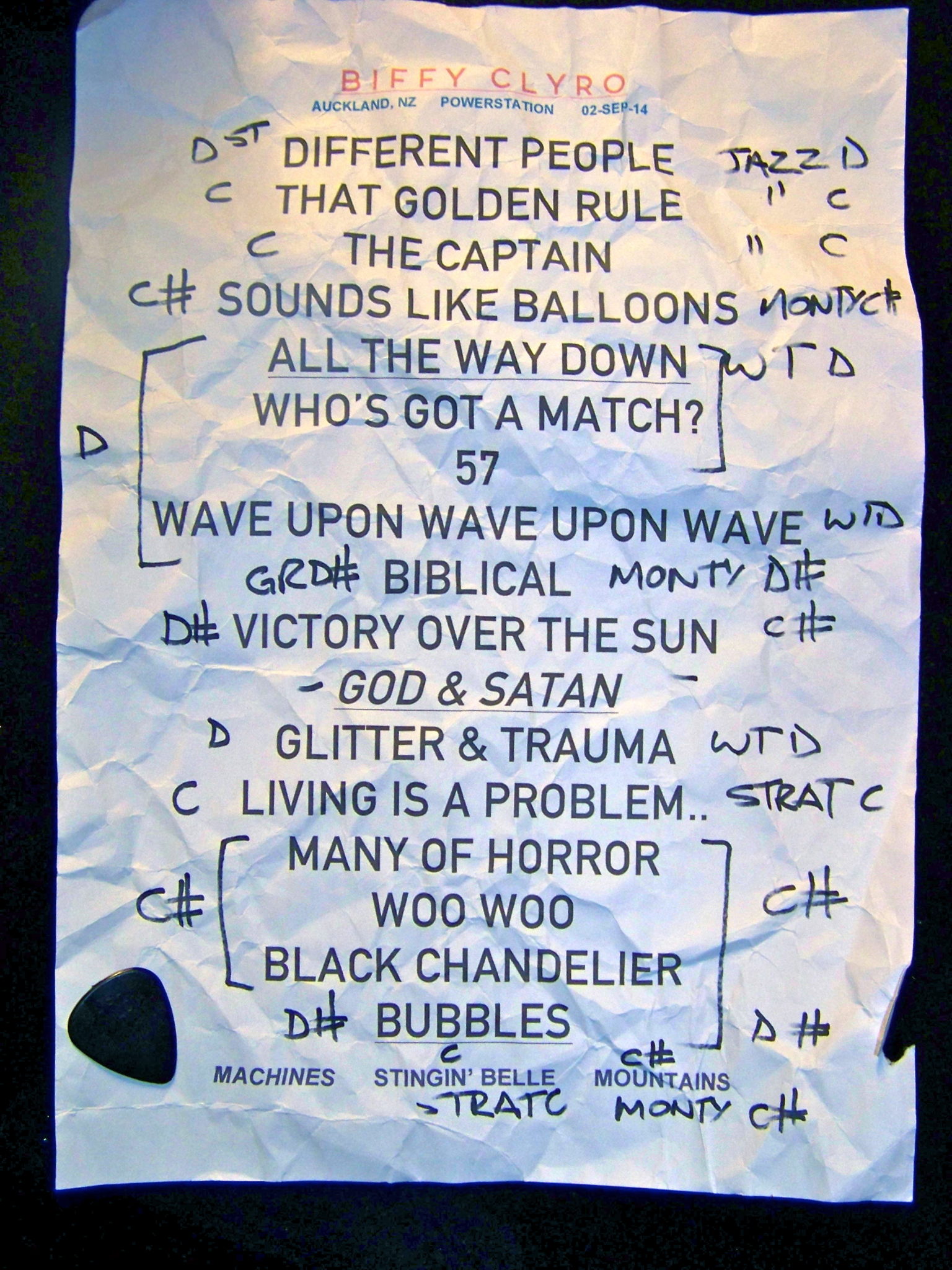 Set list for the Biffy Clyro Powerstation show in Auckland. Note that the actual set deviated from the plan. 'The Rain', a B-side from Similarities was played after 'Victory Over The Sun'. For the encore 'Folding Stars' was played in place of 'Machines'