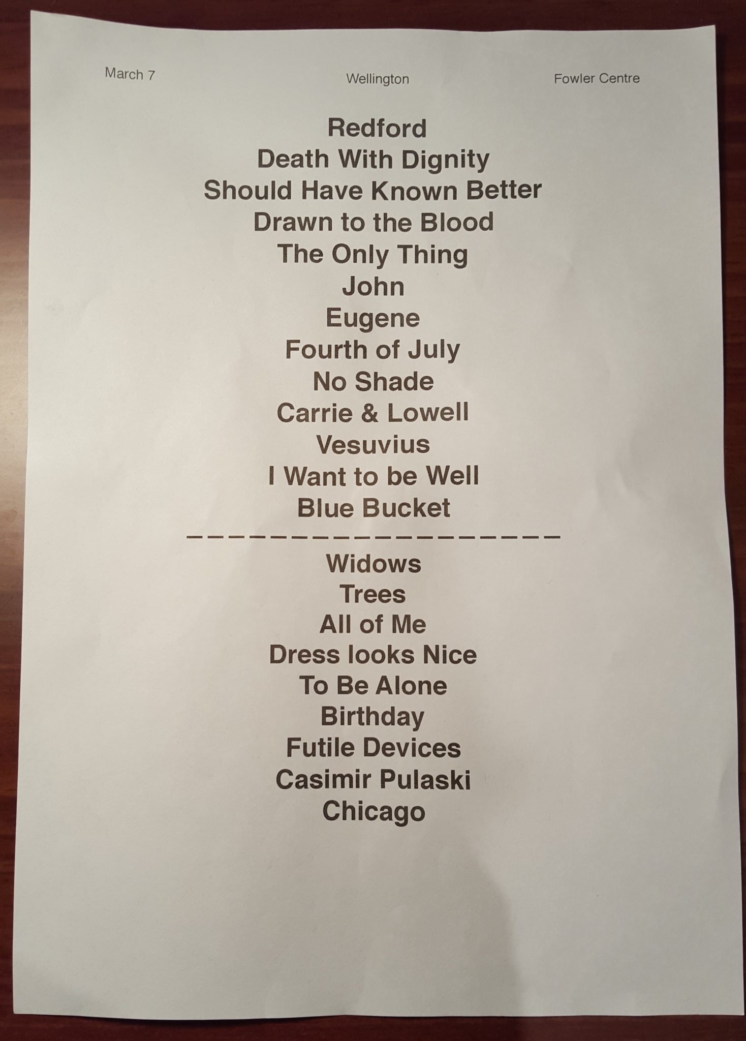 Sufjan Stevens Wellington setlist