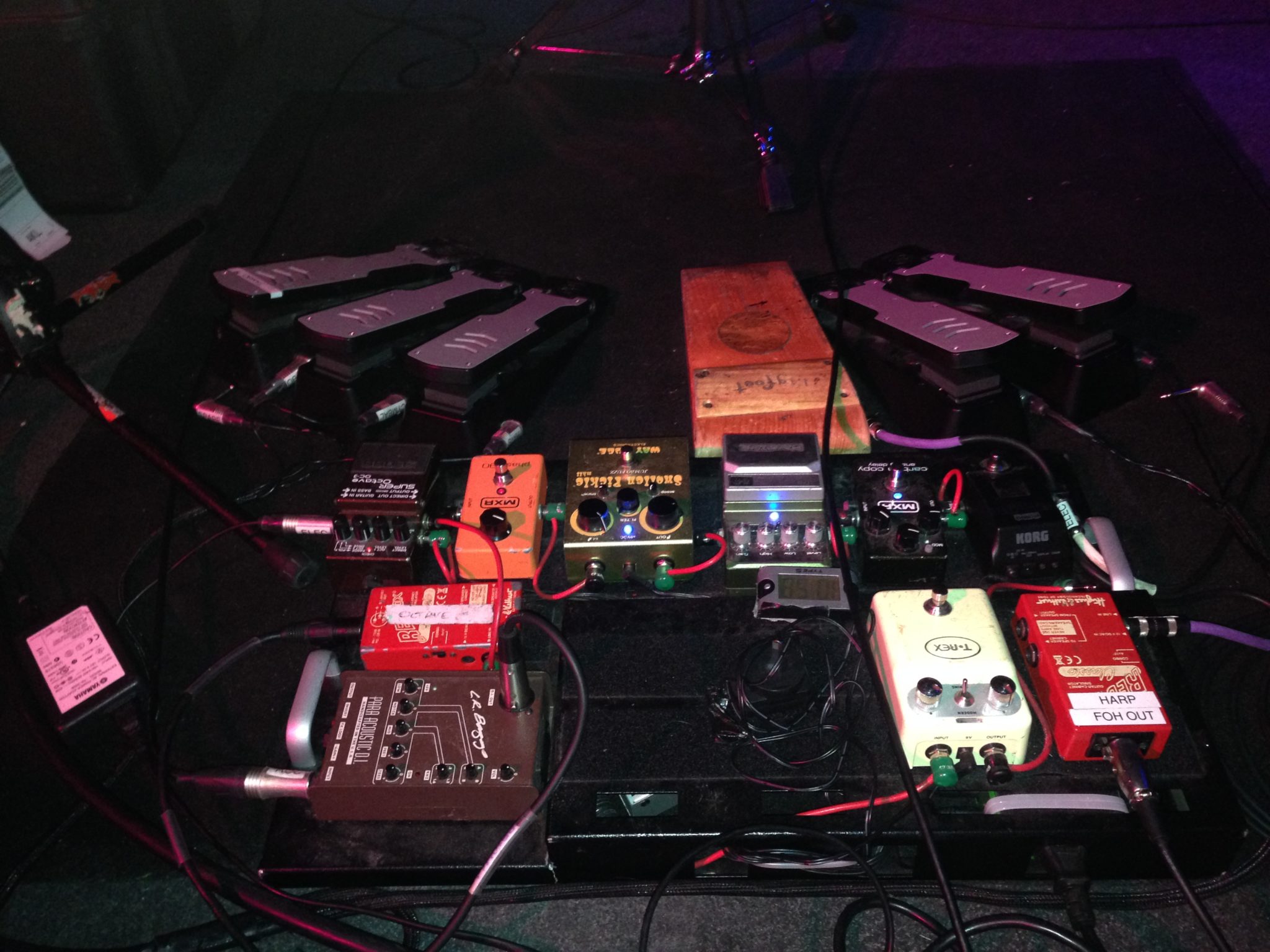 Shaun Kirk's pedals. Note the five pedals for drums, as well as a stomp box 